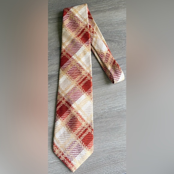 Vintage 60s 70s Wemlon By Wembley Tie Retro Hippie Mod Disco Plaid Red Tan White - Picture 1 of 3